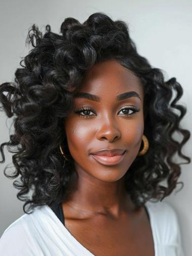 Curly Human Hair Wigs For African American Layered Shoulder Length Wigs