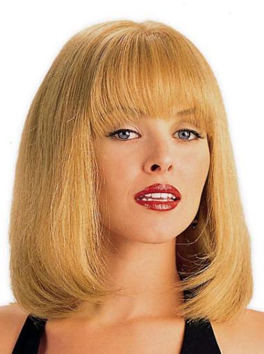 Blonde Houlder Length 14" Monofilament Human Hair Wig With Bangs