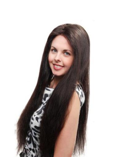 Long Without Bangs 26" Cheap Hand Tied Human Hair Wigs