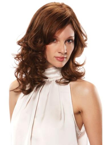 Sleek Shoulder Length Wavy Brown 14" Wigs With Bangs Human Hair