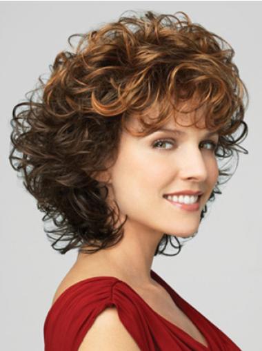 Best Brown Chin Length Lace Front Curly Synthetic Wigs With Bangs