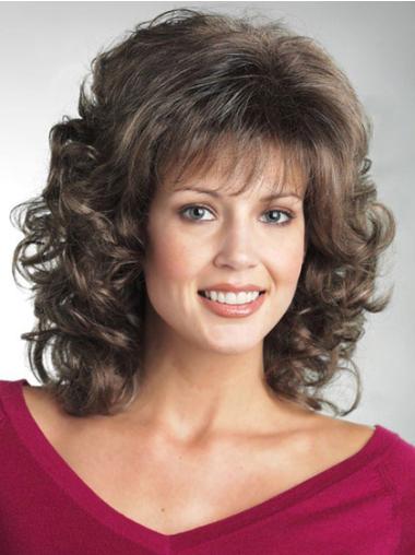 Brown With Bangs Capless Popular Synthetic Curly Shoulder Length Wigs