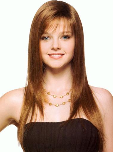 Long Straight Capless With Bangs Brown Caucasian Synthetic Wigs