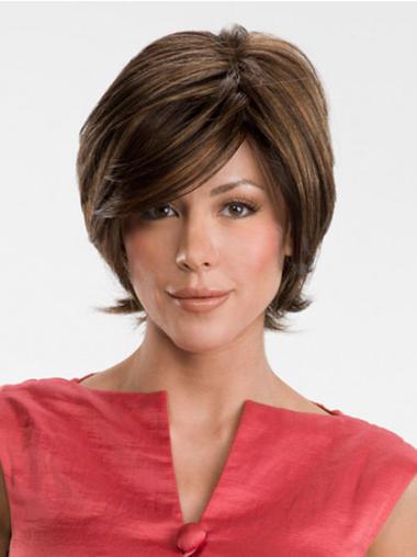 Chin Length Straight Brown Modern Lace Front Wigs With Bangs Synthetic