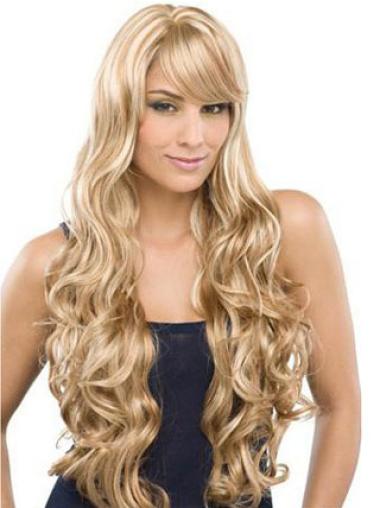 Long With Bangs Modern Human Hair Hand Tied Wigs Blonde