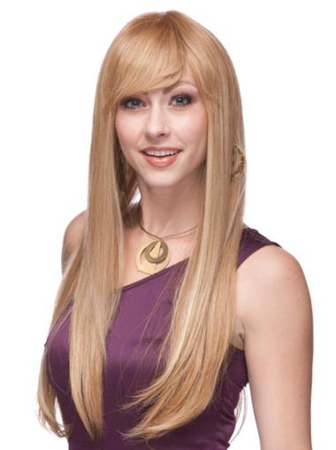 Straight With Bangs Stylish Blonde Wigs Human Hair Long