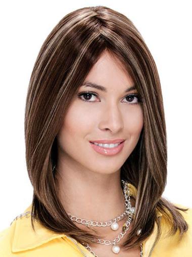 Auburn Without Bangs Amazing Human Hair Straight Medium Length Wigs