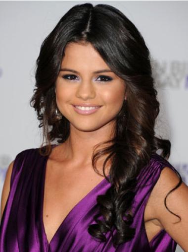 Long Wavy Without Bangs Monofilament Stylish Selena Gomez Human Hair Wigs For Black Hair