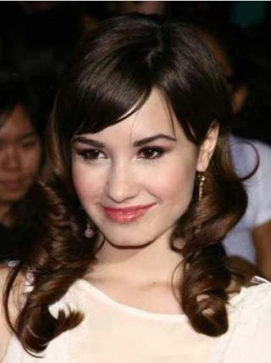 Monofilament With Bangs Fashionable Demi Lovato Medium Length Brown Human Hair Wigs