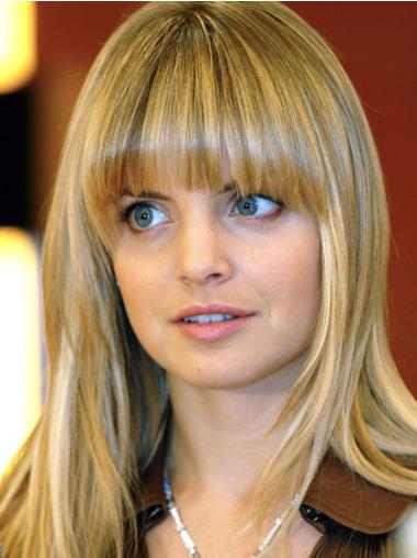 Blonde 100% Hand-Tied With Bangs Synthetic Long Straight Wig With Bangs