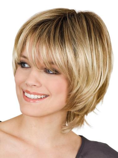 Cheap Chin Length Straight With Bangs Blonde Wigs Medium