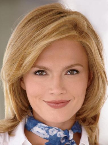 100% Hand-Tied Blonde Shoulder Length Custom Silk Top Lace Wigs