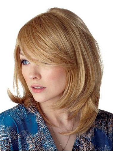 Capless With Bangs Blonde Synthetic Medium Length Wigs Cheap