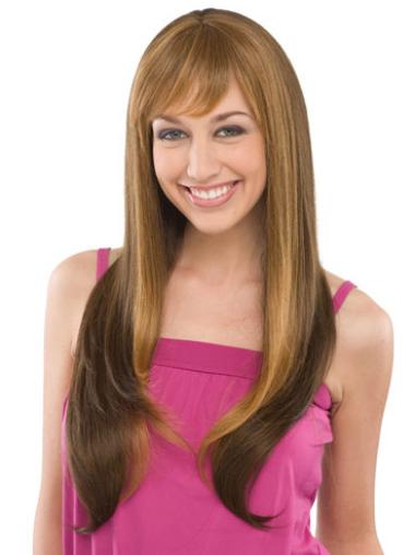 Brown With Bangs Straight Fashionable Wig Long Human Hair
