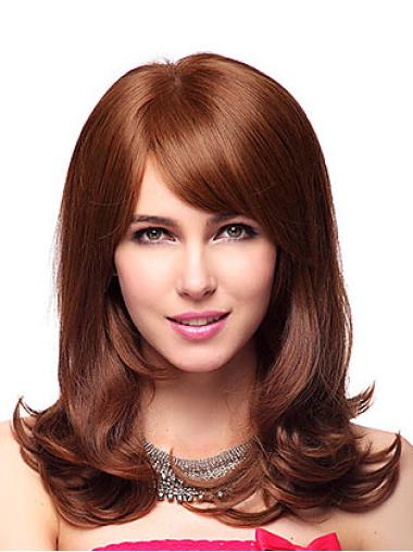 Durable Wavy With Bangs Capless Wigs Medium Length Style