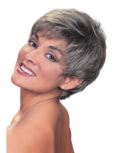 Straight Cropped Synthetic Sassy Wigs Gray Hair