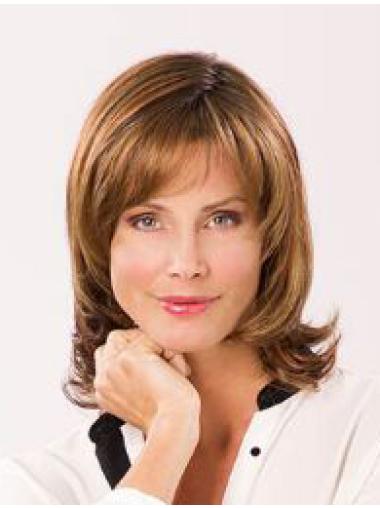 Shoulder Length Wavy With Bangs Auburn Medium Length Hair Wigs