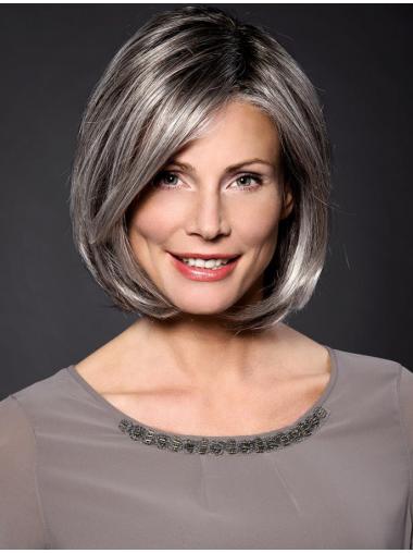 Durable Chin Length 100% Hand-Tied Straight Grey Wigs