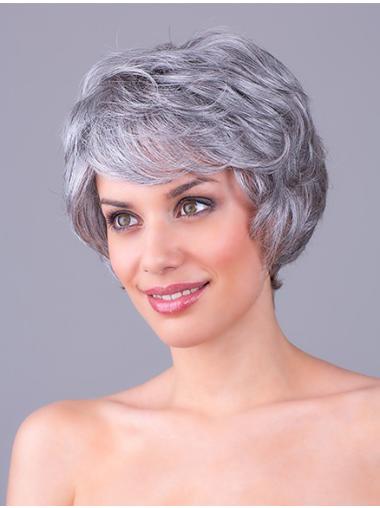 Soft 100% Hand-Tied Wavy Grey Wigs For Short Style