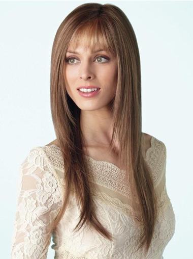 Brown With Bangs Monofilament 18" Long Straight Synthetic Wigs