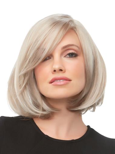 12" Chin Length Straight 100% Hand-tied Blonde With Bangs Synthetic Wigs