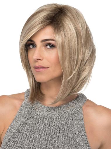 Natural Lace Front Straight 12" Chin Length Blonde With Bangs Synthetic Wigs