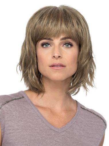 Sleek Monofilament Wavy 12" Chin Length Blonde With Bangs Synthetic Wigs