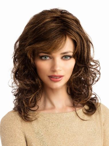 Monofilament Brown Long Wavy 14" With Bangs Synthetic Wigs