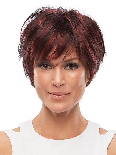 6" Cropped Straight 100% Hand-tied Auburn With Bangs Synthetic Wigs