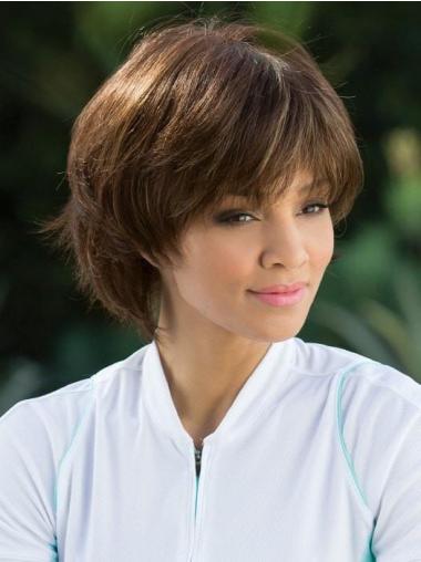 Synthetic With Bangs 8" Short Straight Brown Mono Wigs