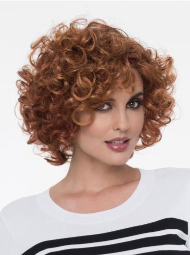 With Bangs Chin Length Curly Auburn 8" Synthetic Mono Wigs