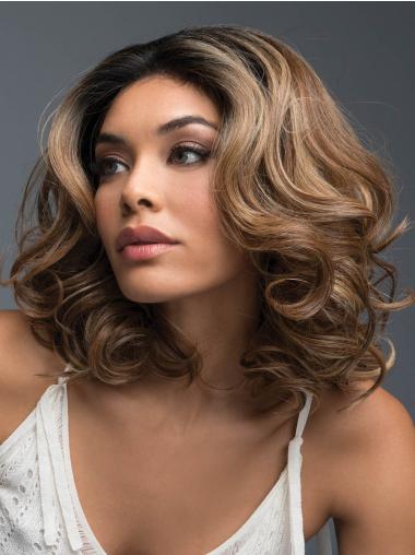 Synthetic Layered 14" Shoulder Length Curly Brown Lace Front Wigs