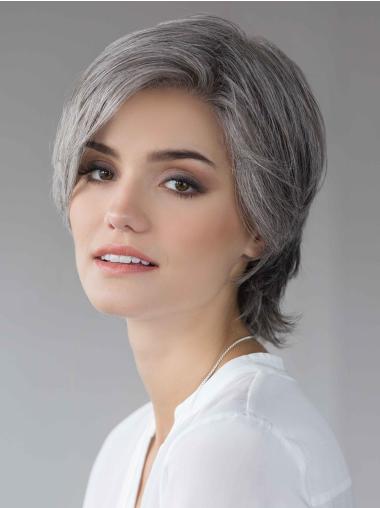 8" Short Straight Grey Synthetic Layered Stylish 100% Hand-tied Wigs