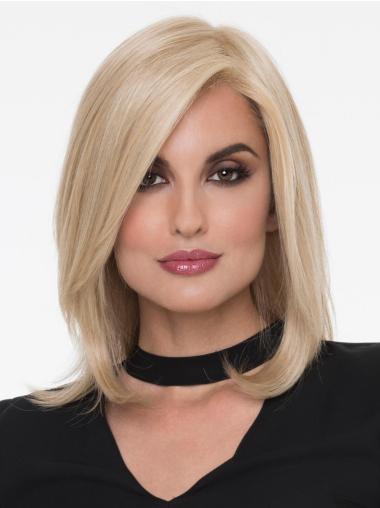 Synthetic With Bangs 13" Shoulder Length Straight Blonde Mono Wigs