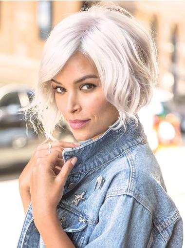 8" Chin Length Wavy White Synthetic With Bangs Best 100% Hand-tied Wigs