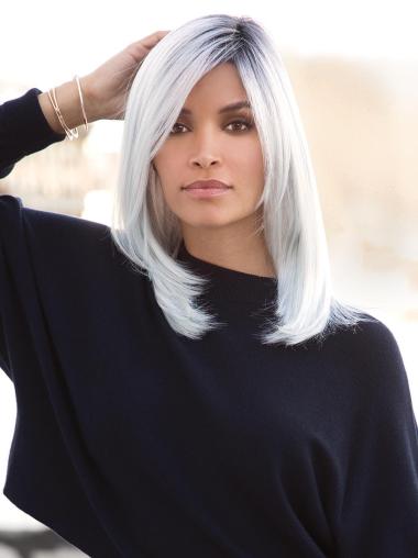 16" Shoulder Length Straight White Synthetic With Bangs Top 100% Hand-tied Wigs