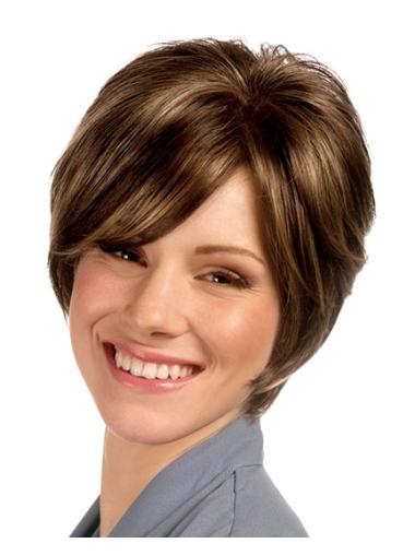 Short Straight Brown Synthetic Fabulous Wig For Elderly Woman
