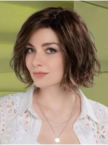 Natural Wavy Human Hair Bobs Lace Front Brown Chin Length Wigs