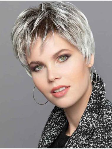 Pixie Cropped Wigs Straight Monofilament Grey Synthetic Wigs