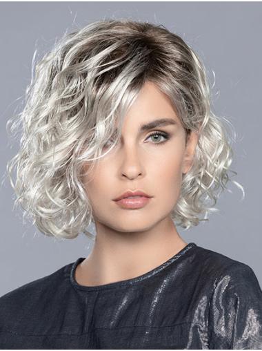 Platinum Blonde Curly Wig Monofilament Layered Shoulder Length Wigs