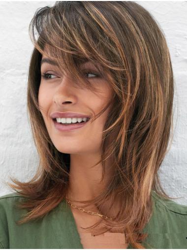 Straight Medium Wigs Shoulder Length Brown With Bangs Wigs