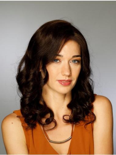 Without Bangs Brown Sleek 100% Hand-tied Curly Long Human Hair Wigs