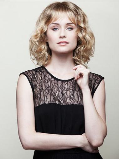 Soft With Bangs Curly Blonde Medium Wig