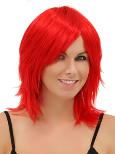 Shoulder Length Straight Without Bangs Red Medium Length Hair Wigs