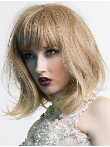 Modern Wavy With Bangs Capless Medium Length Blonde Wig