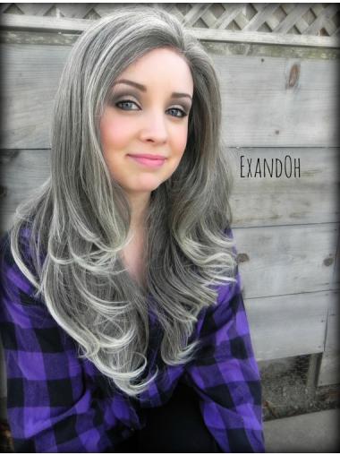 No-Fuss 18 Inches Wavy 100% Hand-Tied Long Grey Synthetic Wig
