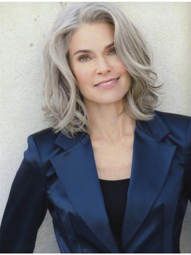 Fashionable Curly Lace Front Grey Shoulder Length Wigs