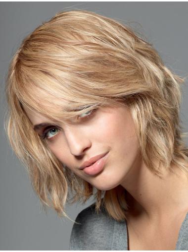 Blonde Shoulder Length Style Monofilament Wigs With Bangs